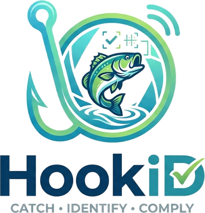 HookID — a fishing hook curling into a camera lens with a leaping fish inside, above the HookID wordmark