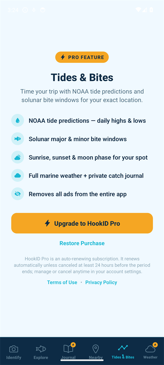 The HookID Tides & Bites screen, marked PRO FEATURE: NOAA tide predictions with daily highs and lows, solunar major and minor bite windows, sunrise, sunset and moon phase for your spot, full marine weather plus the private catch journal, and removal of all ads